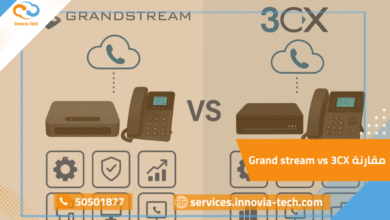 صورة مقارنة احترافية بين أنظمة Grandstream و3CX في حلول PBX للشركات مع إبراز المميزات والفروق التقنية.